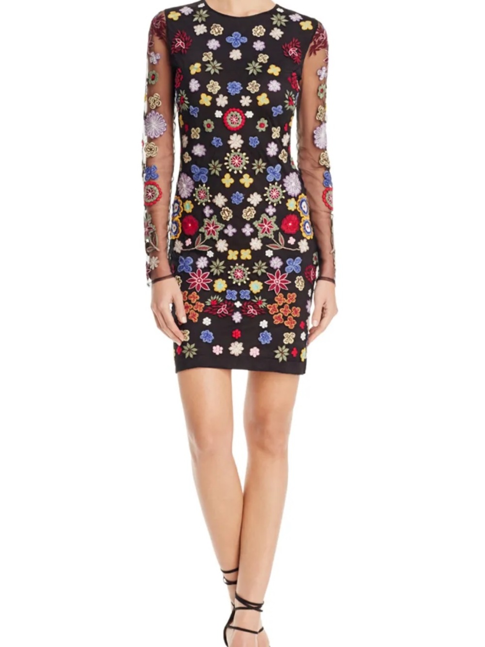 Aqua Black Mini Dress with Multicolor Floral Embroidery